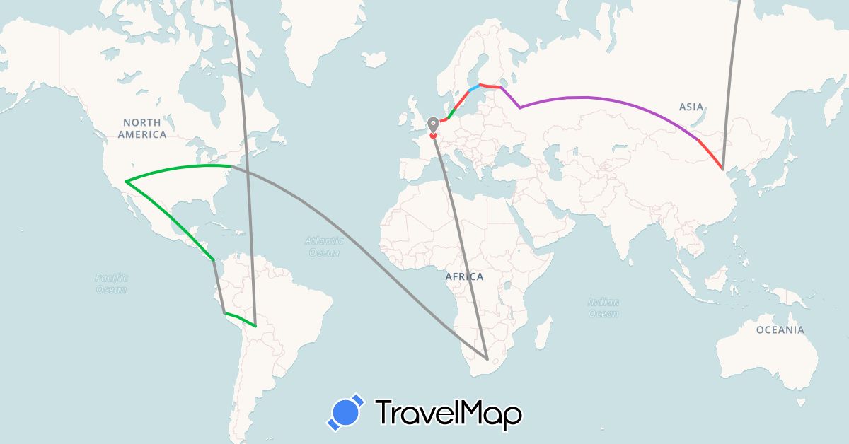 TravelMap itinerary: driving, bus, plane, train, hiking, boat in Belgium, Bolivia, China, Germany, Denmark, Finland, France, Mongolia, Netherlands, Panama, Peru, Russia, Sweden, United States, South Africa (Africa, Asia, Europe, North America, South America)